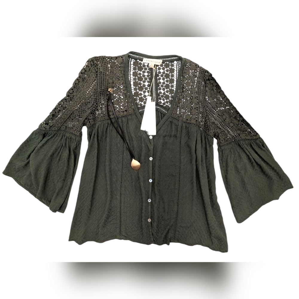 NWT LOVESTITCH Olive Green Sahara Mixed Lace Top Sz Small Rayon Flowy Boho Chic - Picture 7 of 17